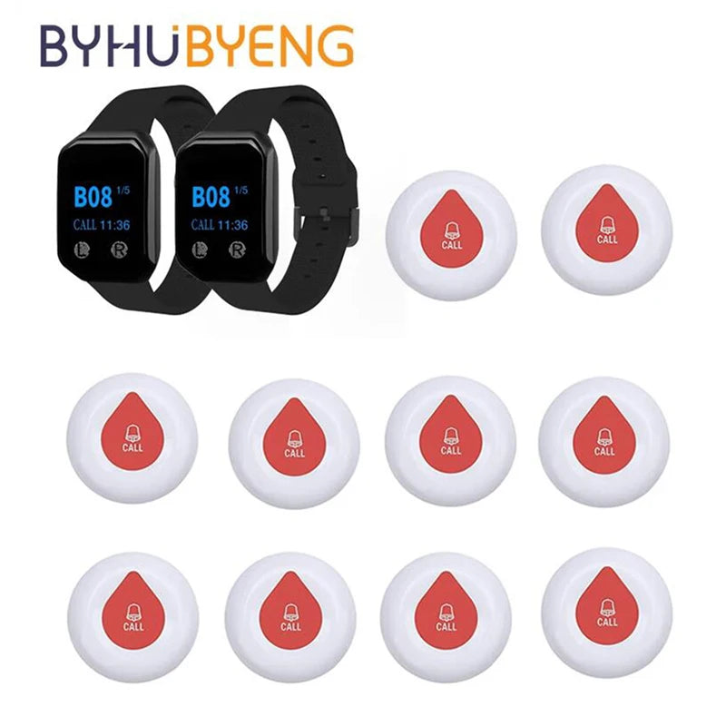 2 Wrist Watch + 10 Calling Buttons Wireless Pager System Caregiver Pager Nurse Alert for Elderly Clinic Nursing Hospital