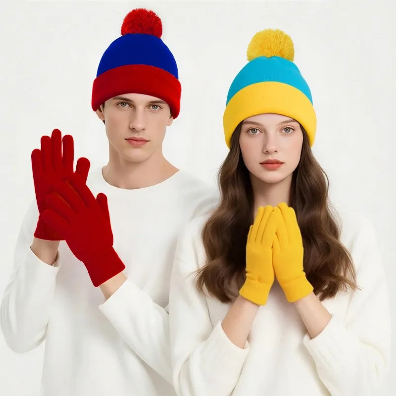2pcs Cosplay Funny Beanie Hat and Gloves,Character Park Winter Warm Knit Hat Winter Christmas Costume Accessories for New Years