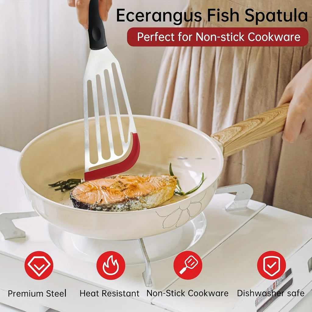Stainless steel silicone spatula, high temperature resistant frying fish cooking spatula flipper kitchen household steak spatula