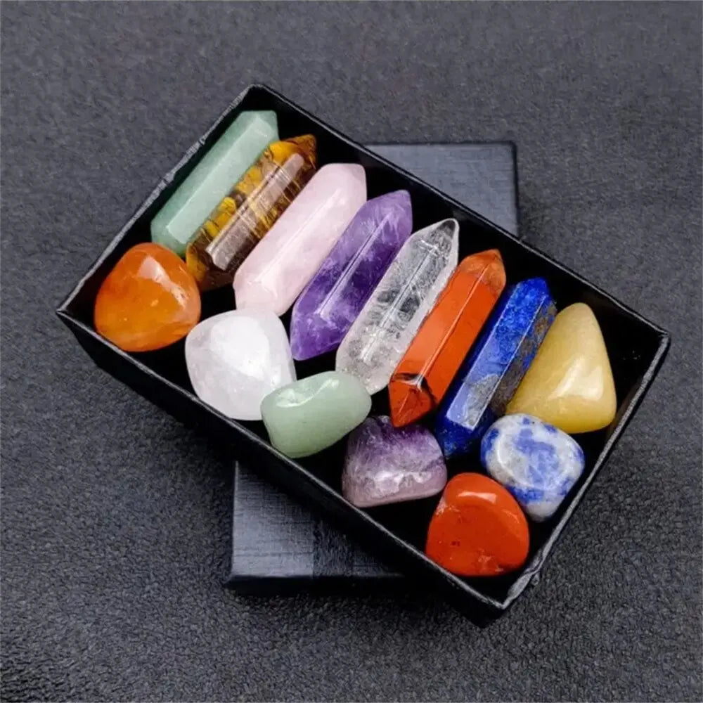 14pcs Natural Stone Chakra Crystal Column Set Color DIY Necklace Jewelry Display Decoration Suitable for Yoga Meditation Gifts