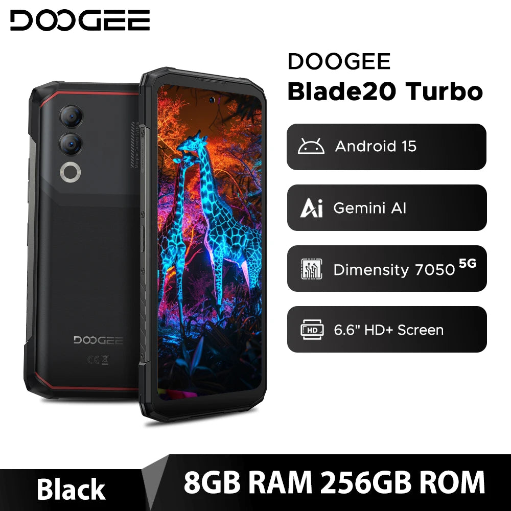 DOOGEE Blade20 Turbo 5G Rugged Phone 6.6" Gemini Al Dimensity 7050 10300mAh 8GB 256GB 50MP Camera Android 15 NFC Mobile Phone