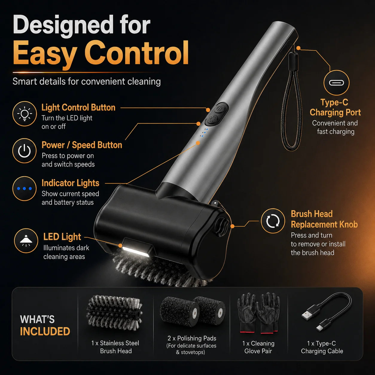 Electric Grill Brush, High Torque Grill Brush 3-Speed Modes，with 3 Brush Heads & Type-C Rechargeable for Barbecue Kitchen.
