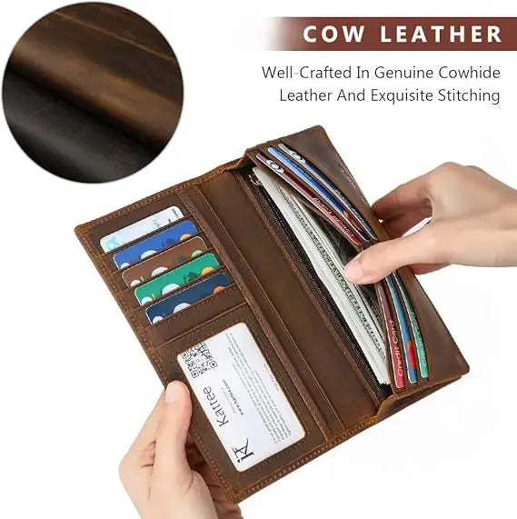 Crazy Horse Leather Men's Long Wallets Bifold Genuine Leather Pure First Layer Cowhide Retro Wallet