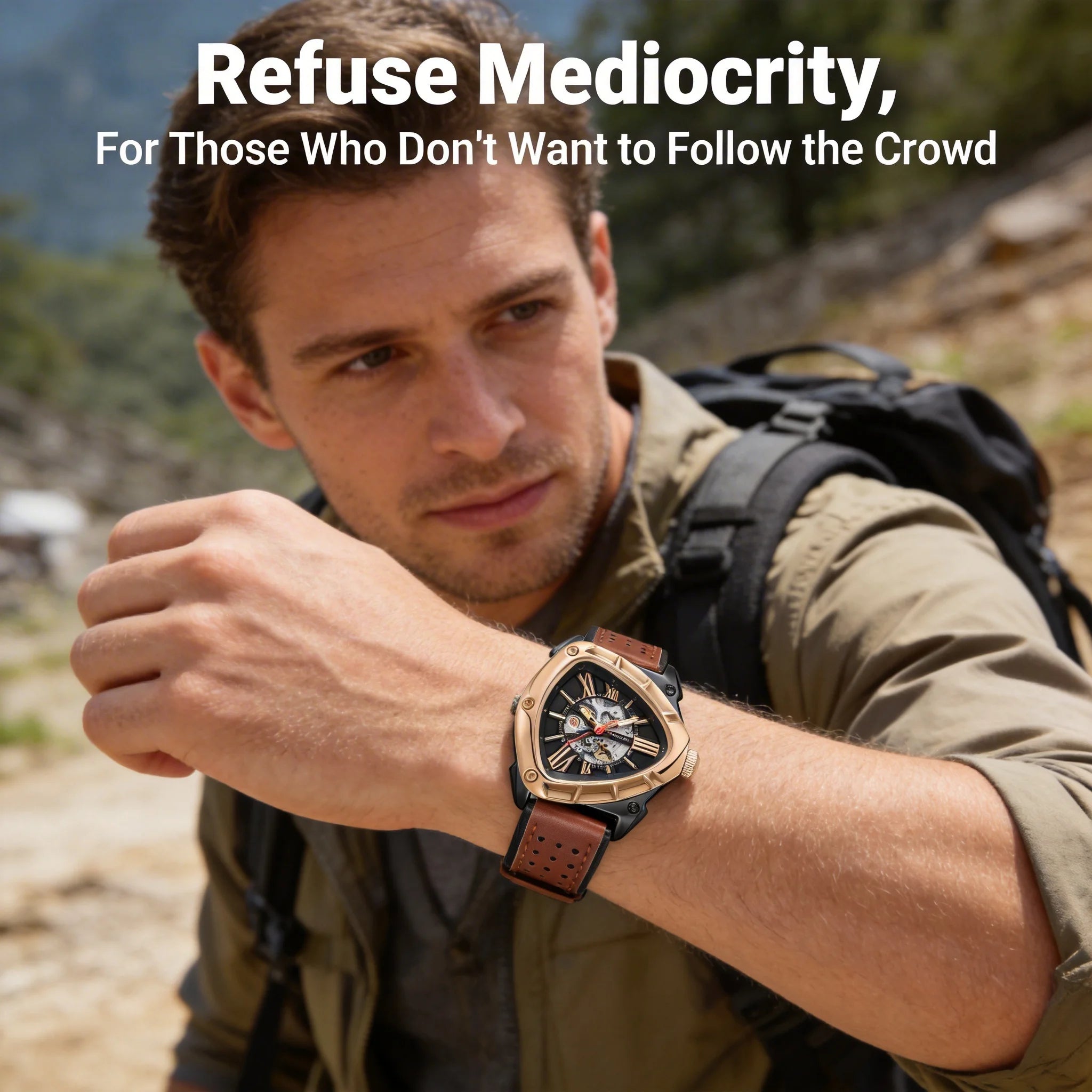 Men automatic watch explore outdoors style mechanical watches retro triangle skeleton leather waterproof luminous mens watch