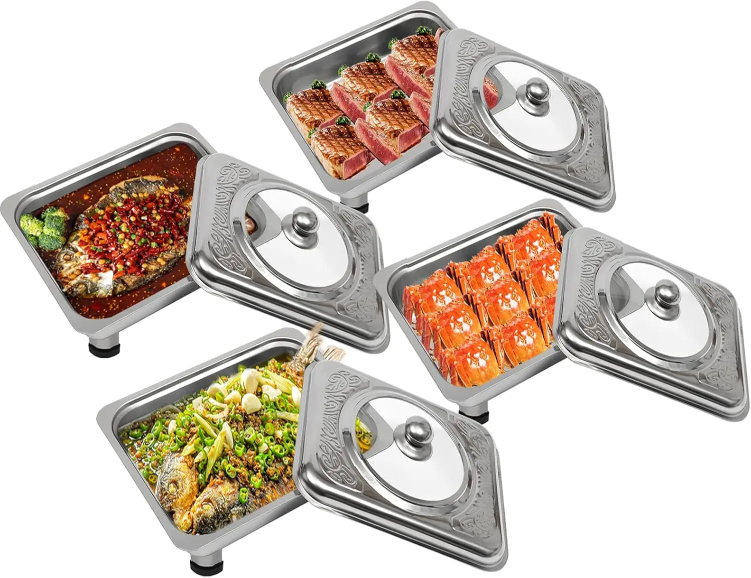 4pcs, Chafing Dishes Buffet Set Stainless Steel Buffet Dish Server Rectangular Chafing Dish Set with Lid for Buffets Caterings