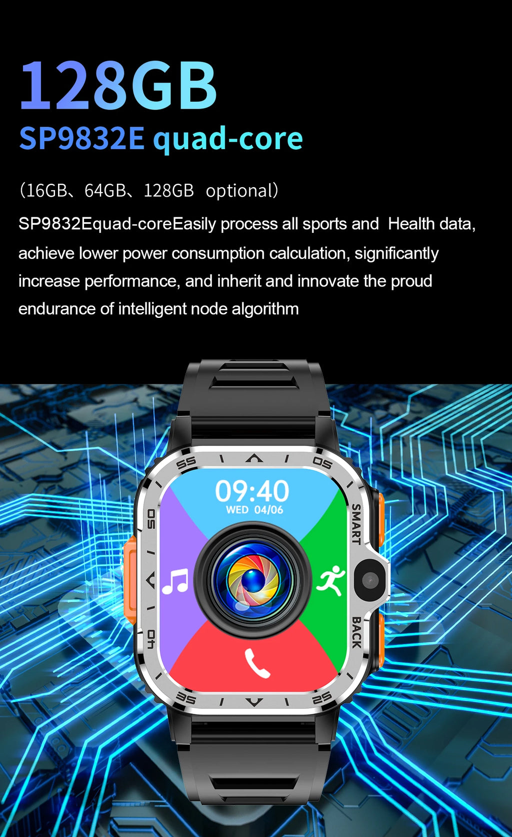 4G Smart Watch Android 8.1 4GB RAM 128G ROM Wifi Dual Camera SIM Card Fitness Tracker Google Play Heart Rate Rugged Smartwatch