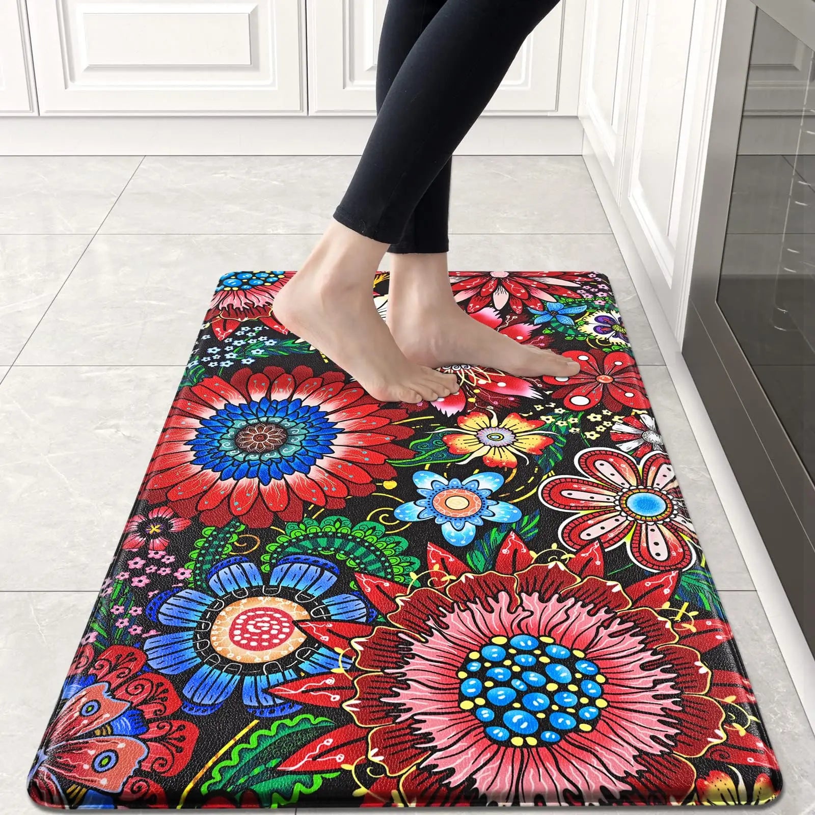 Boho Floral Kitchen Runner Rug, Non-Slip Washable Floor Mat with Colorful Flower Art Print for Kitchen, Bedroom, Bathroom Area