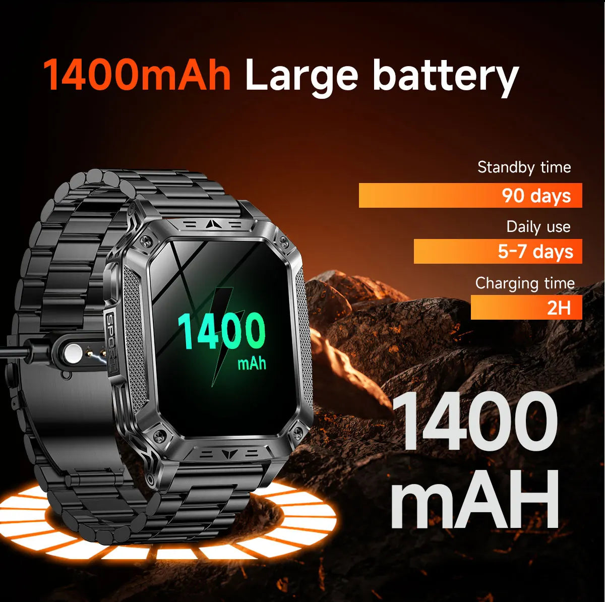 2026 Outdoors Durable Men Sports Smart Watch 1400mAh Battery LED Flashlight IP69K Waterproof Bluetooth Call Military Smartwatchs