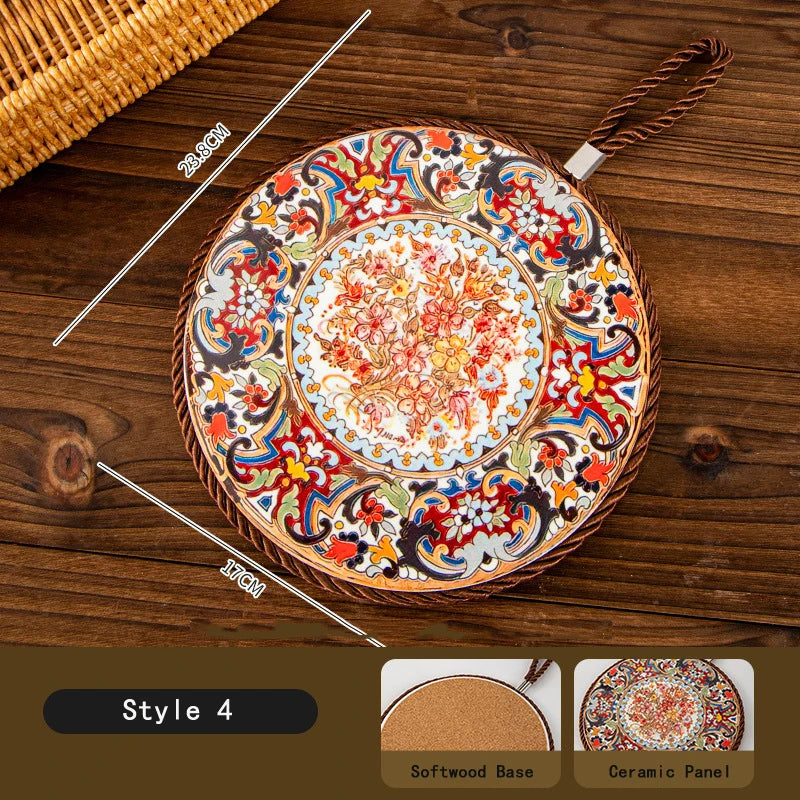 HeMu Bohemian Style Ceramic Pot Holders,Mandala Pattern Heat Resistant Trivets,Hanging Kitchen Coasters with Rope for Hot Dishes