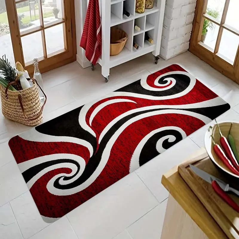 Red Pattern Kitchen Mat - Non-Slip Durable Polyester Rug for Porch Balcony Living Room, Modern Kitchen Floor Decor
