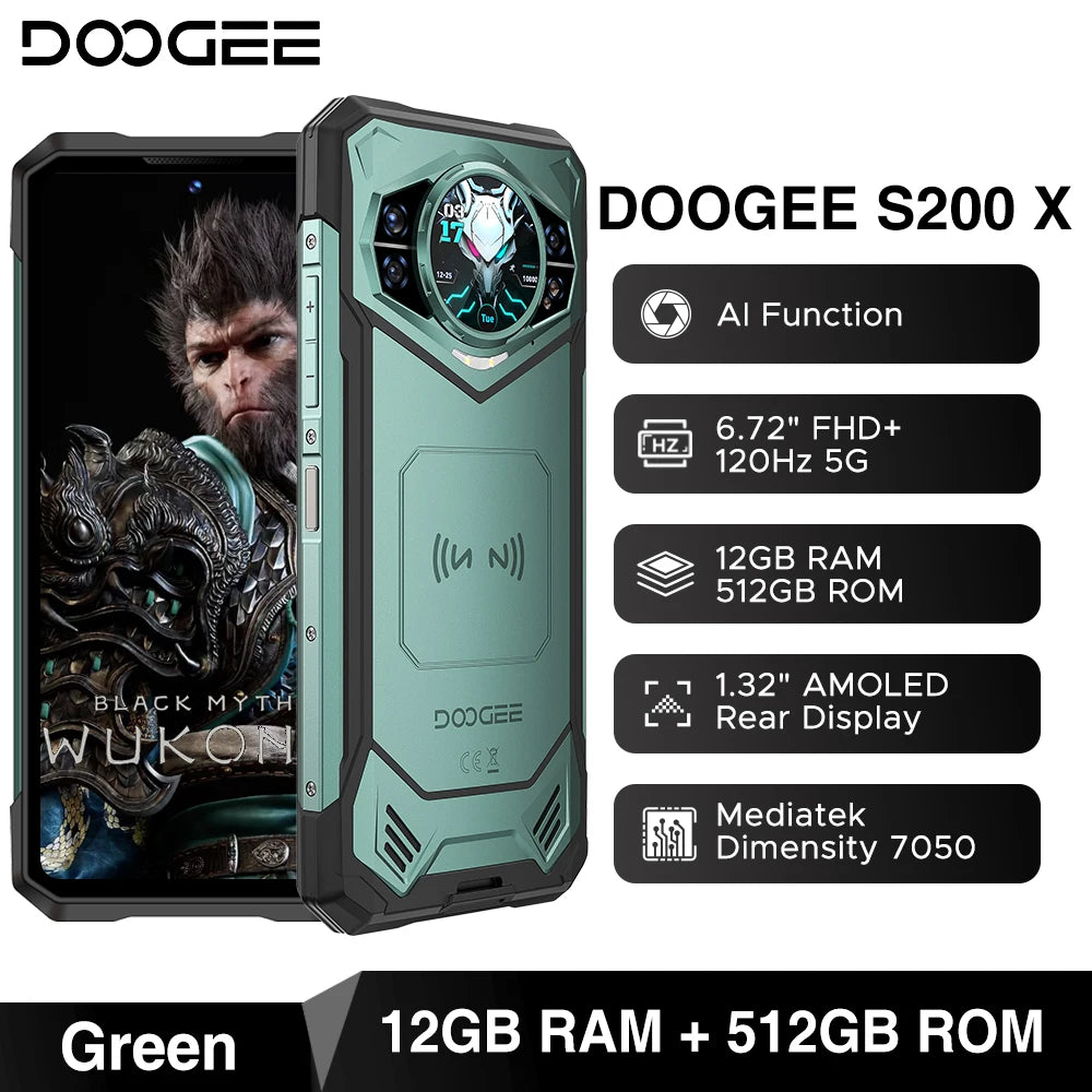 DOOGEE S200 X 5G Rugged Phone 6.72" 120Hz Dimensity 7050 12GB+512GB AI Triple Camera 10100mAh Battery NFC 5g Smartphone