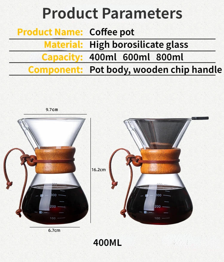 Hand Glass Coffee Kettle with Stainless Steel Filter Drip Brewing Hot Brewer Coffee Pot Dripper Barista Pour Over Coffee Maker