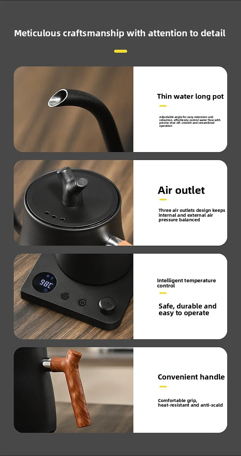 1000ML Stainless Steel Gooseneck Electric Kettle with Digital Temperature Control for Precise Brewing of Coffee and Tea