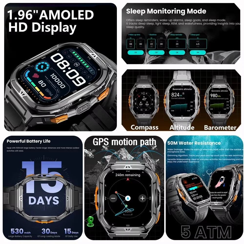 2026 NEW TANK X5 Smartwatch 5ATM Waterproof GPS Dual-Frequency tracking 1.96" AMOLED 530mAh Compass 170+ Sports Fitness Tracker