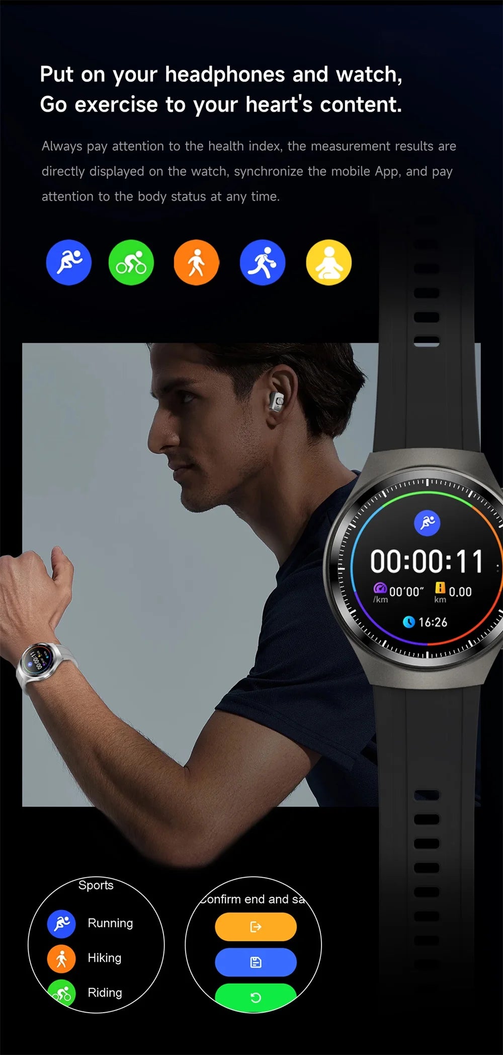 Music Smartwatch With Built-in Headphones Heart Rate Health Monitor 1.43-inch AMOLED HD Screen Men's Watch Women Sports Modes