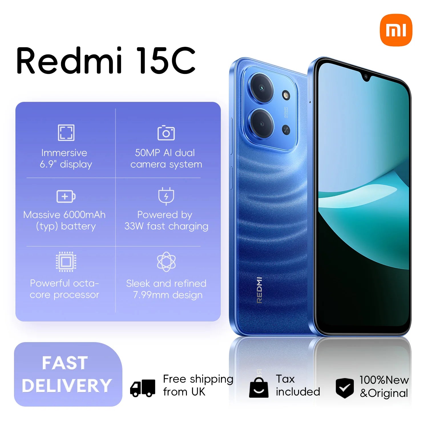 Xiaomi Redmi 15C 4G 4+256GB 6.9“ 120Hz Display MediaTek Helio G81-Ultra Processor 50MP Camera 6000mAh 33W Side fingerprint NFC