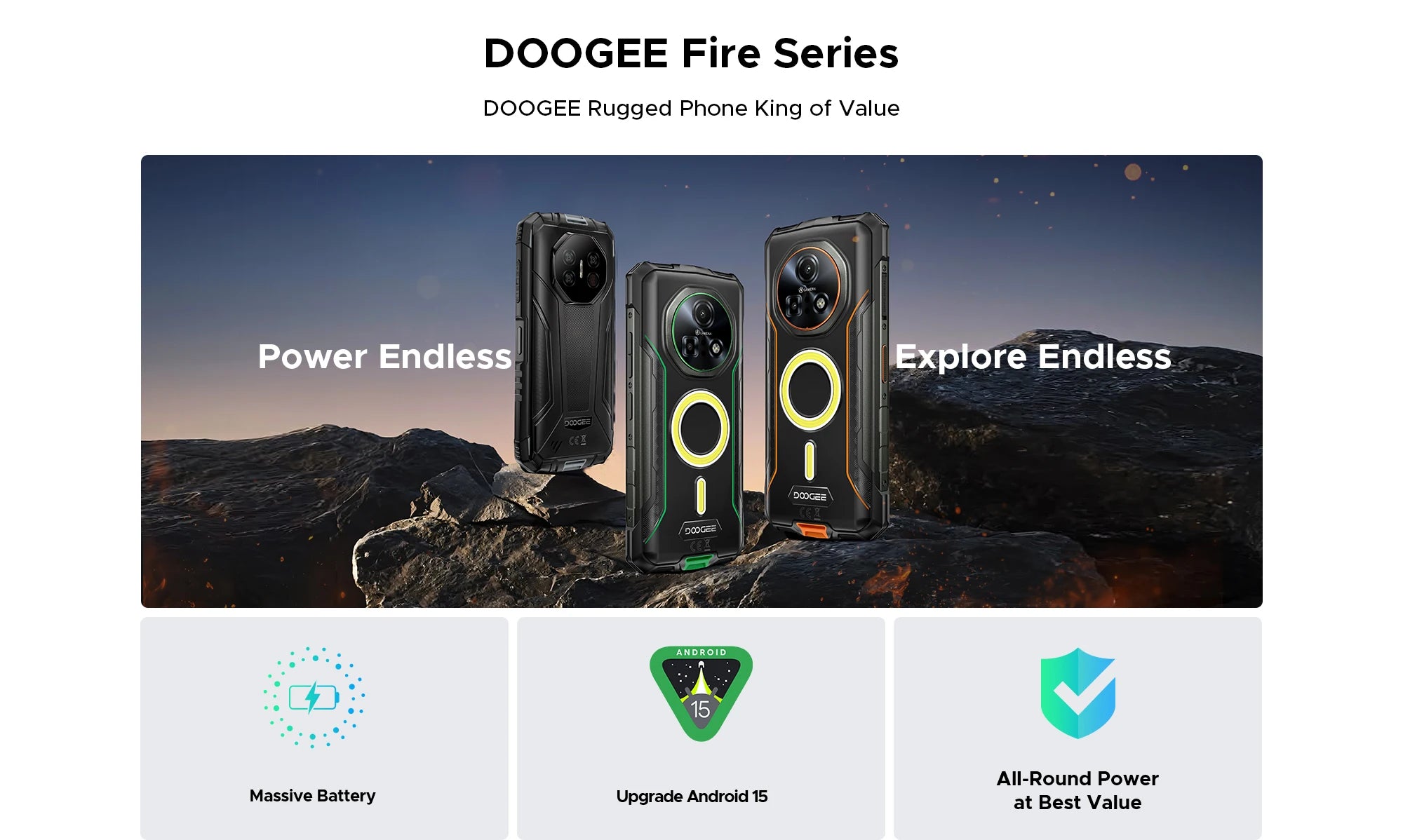 DOOGEE Fire 7 Pro Rugged Phone Dual Camping Lights Support Push-to-Talk Over Cellular 13000mAh Battery Android 15 Smartphone