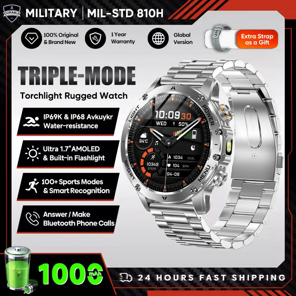 2025 New Military Grade Men 1000mAh Super Large Battery Smart Watch GPS 3ATM Waterproof Bluetooth Call Sports Fitness Smartwatch
