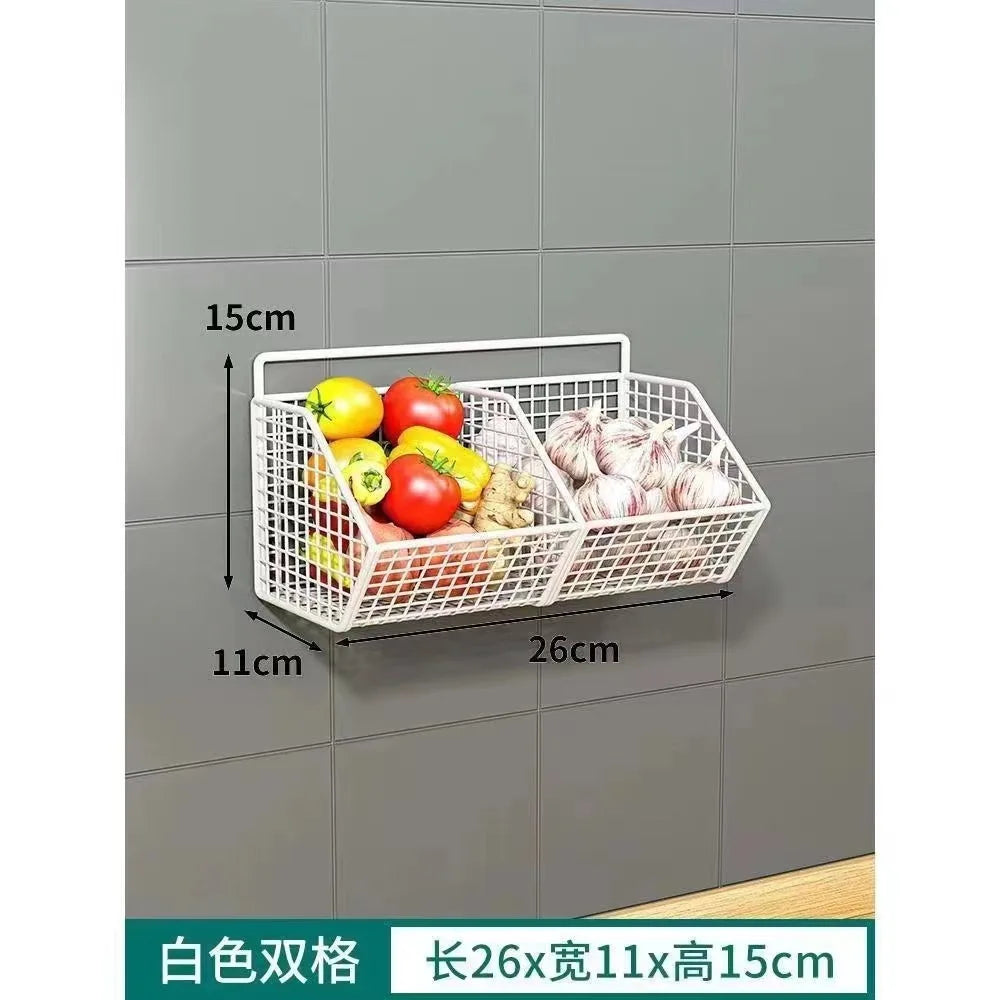 AOBT Wall-Mounted Green Onion Ginger Garlic Storage Rack Punch-Free Kitchen Multi-Functional Basket Organizer for Spices Herbs