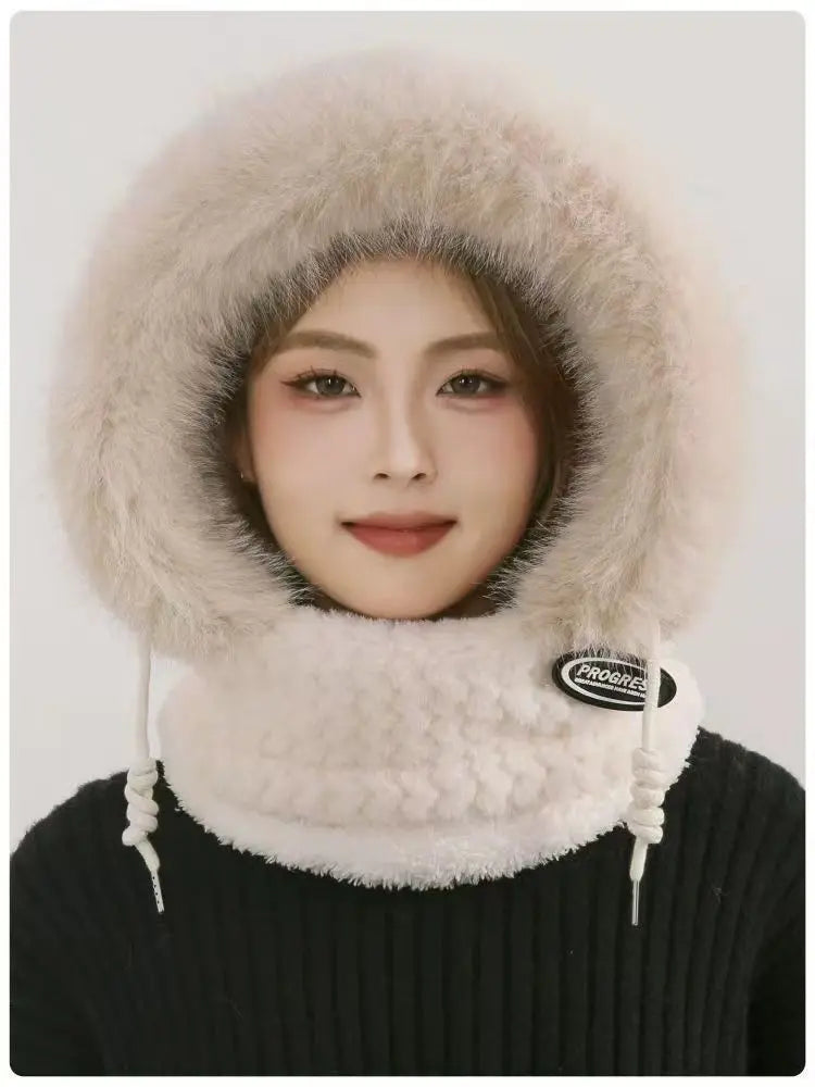 Autumn and Winter Women Thermal Plush Hat Hood Scarf and Mask Ear Protection Windproof Thick Design for Riding Outdoor