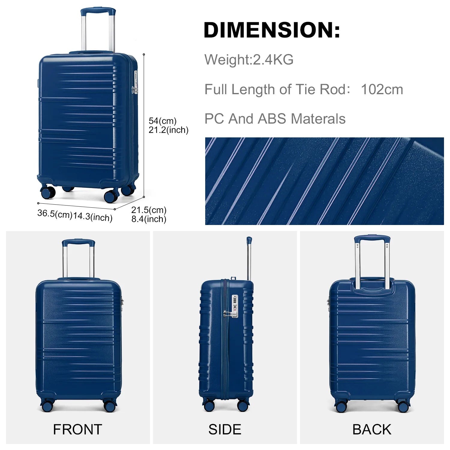 British Traveller Lightweight Hard Shell Suitcase ABS+PC, 20/24/28 inches, 4 spinner wheels with combination lock