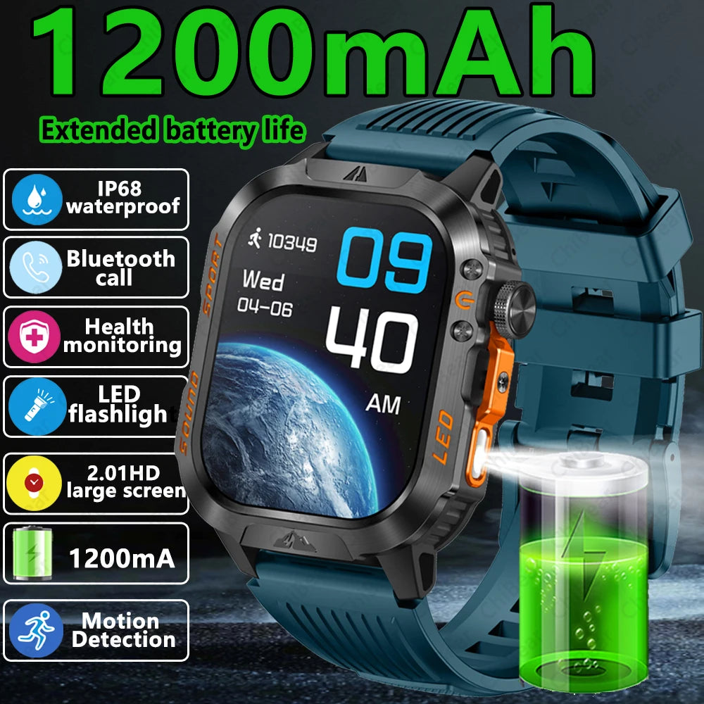 2026 New Outdoor Military Smart Watch 1200mAh Battery GPS HD Call Health Monitoring 2.01-inch Waterproof Sports Smartwatch Men