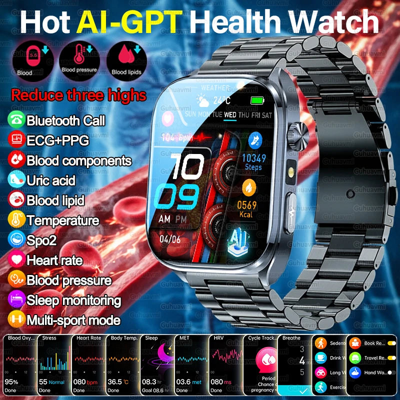 2026New Accurate Diagnosis Smart Watch ECG Blood Oxygen BP Uric Acid Lipids HD AMOLED Screen BT Call Health Smartwatch Men Women