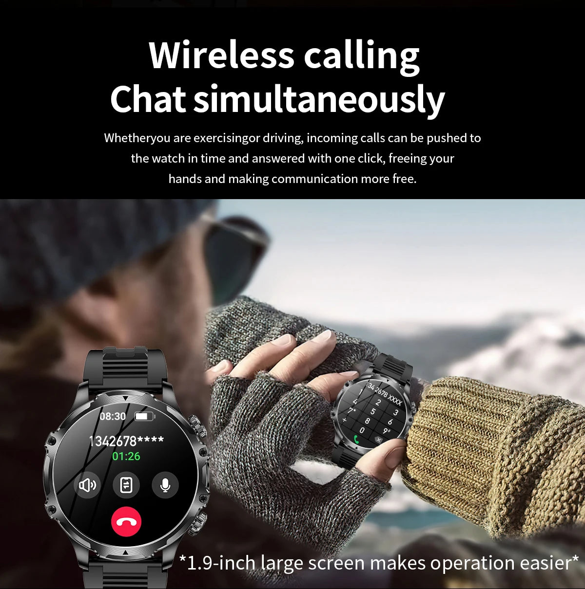 New 1000mah Long Standby AMOLED Smart Watch Men Sports Fitness LED Flashlight 3ATM Waterproof BT Call Smartwatch Men +GiFt
