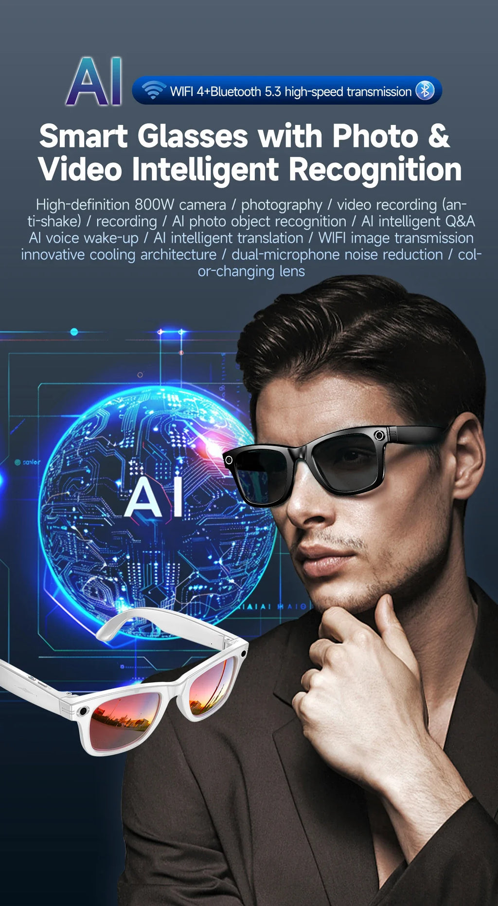 2026 New Upgrade smart glasees With Camera Video Recording AI Photo Recognition Bluetooth Call Translation Voice Sunglasses Man