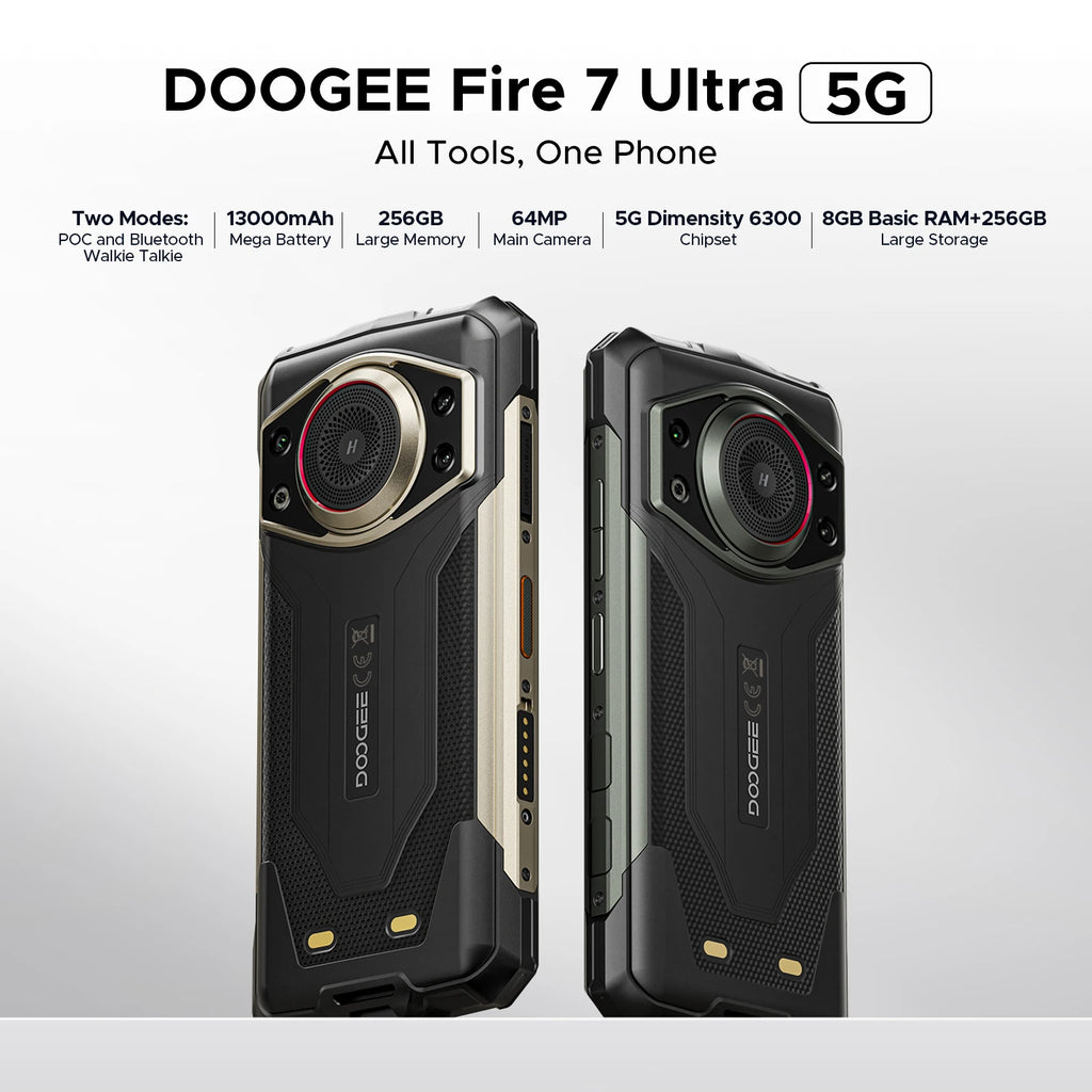 DOOGEE Fire 7 Ultra 5G Rugged Phone 125dB Speaker 13000mAh Battery Support POC 6.6'' Screen 8GB 256GB Android 15 Smartphone