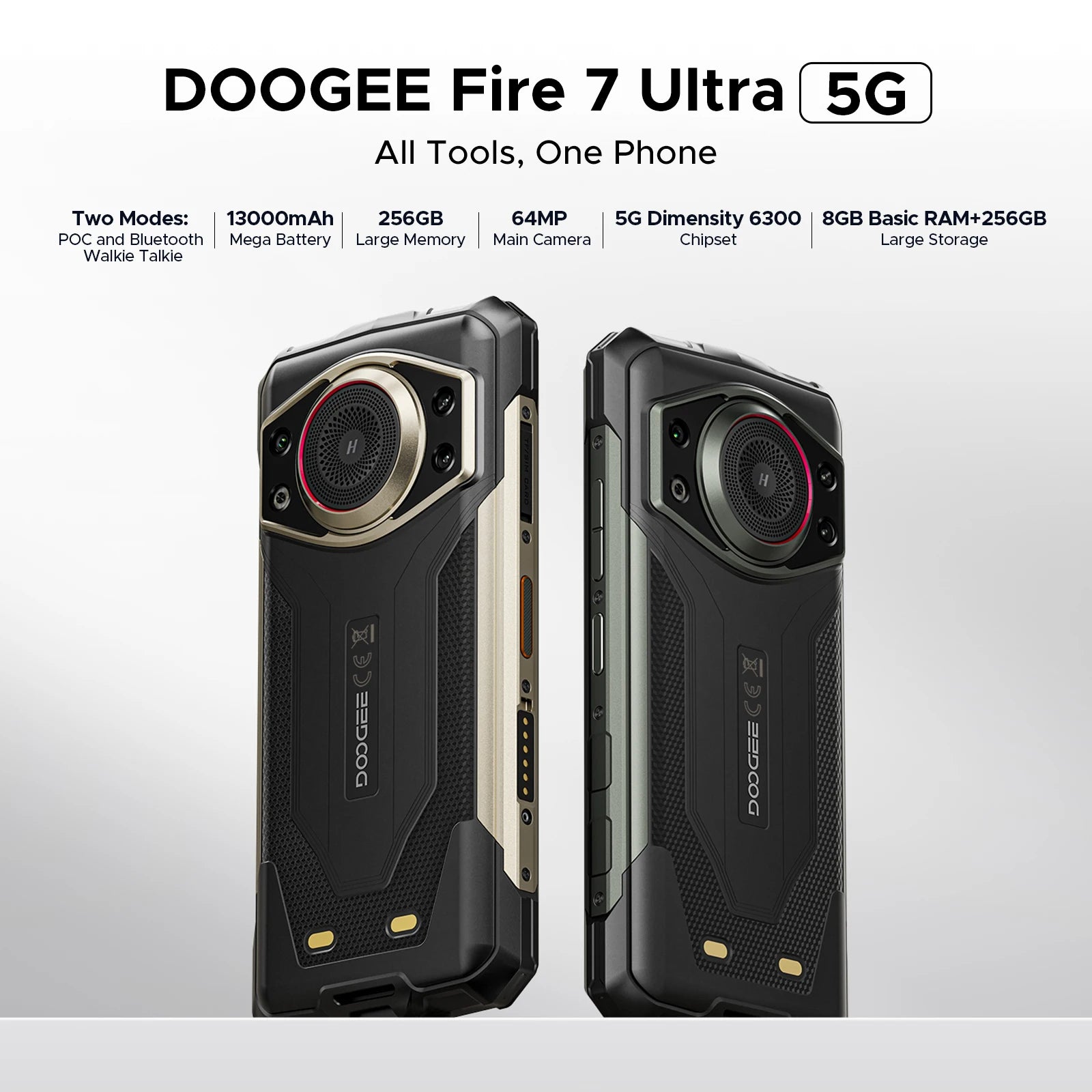DOOGEE Fire 7 Ultra 5G Rugged Phone 125dB Speaker 13000mAh Battery Support POC 6.6'' Screen 8GB 256GB Android 15 Smartphone