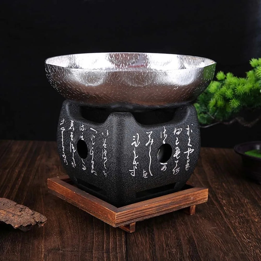Japanese Style Charcoal Stove with Grill Net Carbon Stove Portable Charcoal Grill Square Wooden Board Mini Square Text Stove
