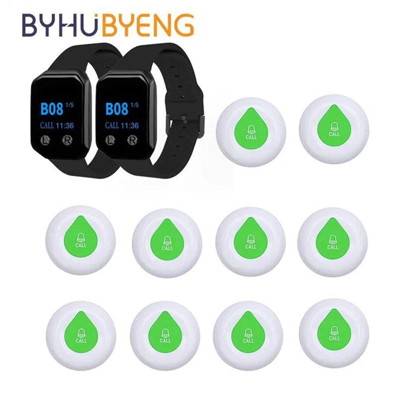 2 Wrist Watch + 10 Calling Buttons Wireless Pager System Caregiver Pager Nurse Alert for Elderly Clinic Nursing Hospital