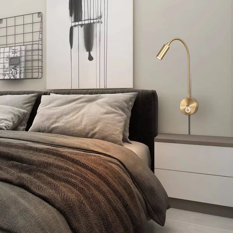 Tokili LED Golden Wall Lamp w/ USB Charger & Touch Dimmer - Bendable Gooseneck Bed Headboard Spotlight Sconce for Reading Lights