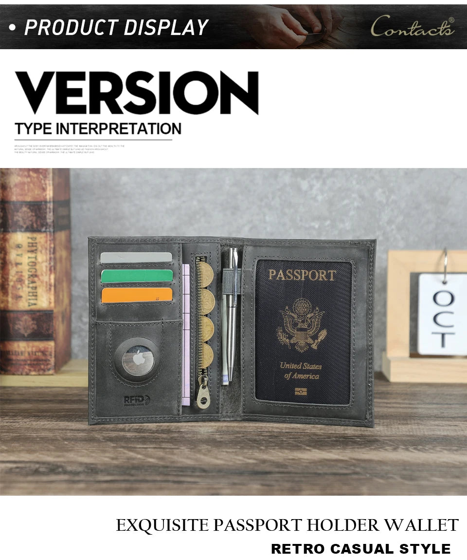 CONTACT'S Genuine Leather Passport Wallet Card Holder Coin Purse AirTag Slot Men Travel Wallet Women‘s Purse Passport Cover Bag
