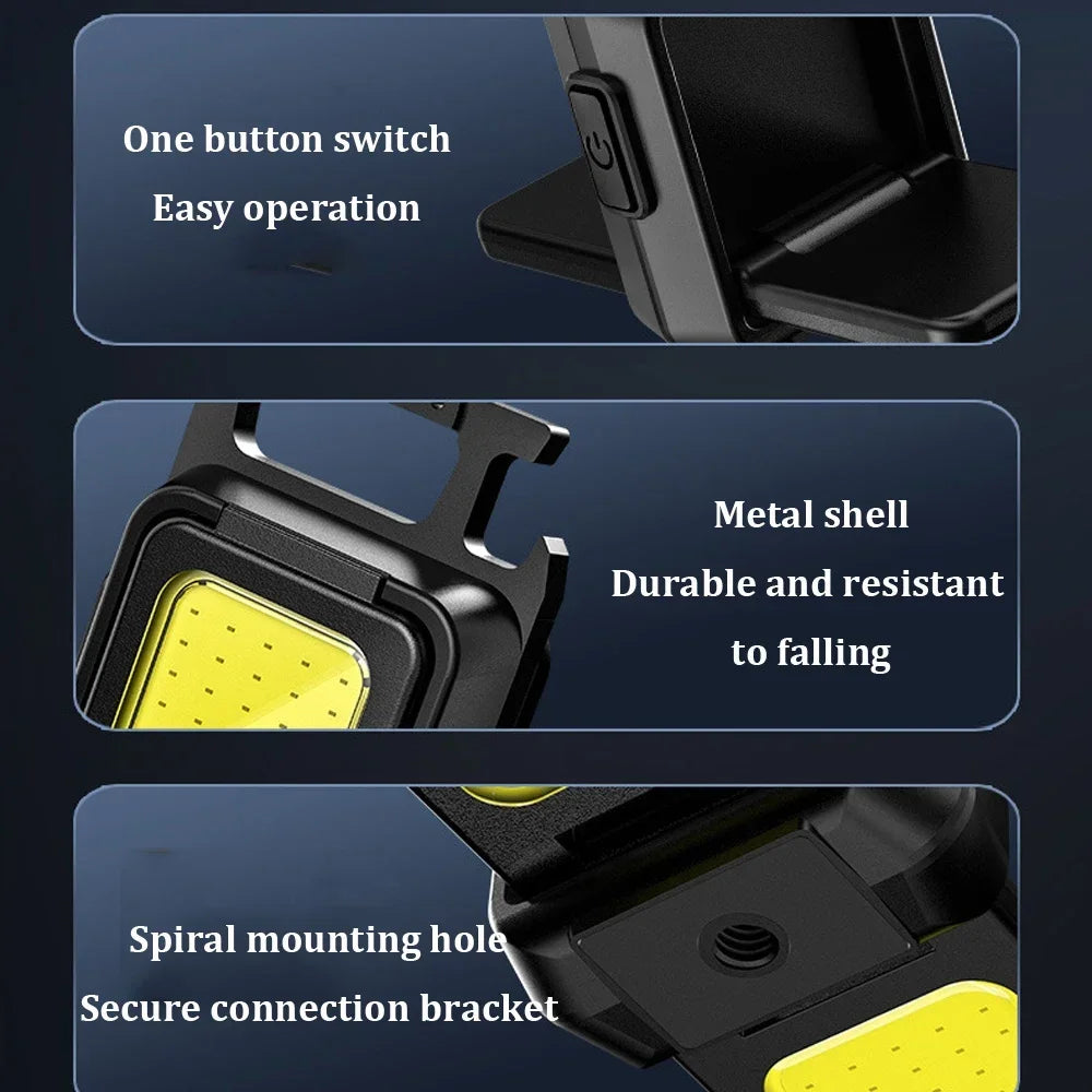 Mini Flashlight Keychain Light COB Work Light USB Rechargeable Lamp with 90° Foldable Side Lights Super Bright Portable Lanterns
