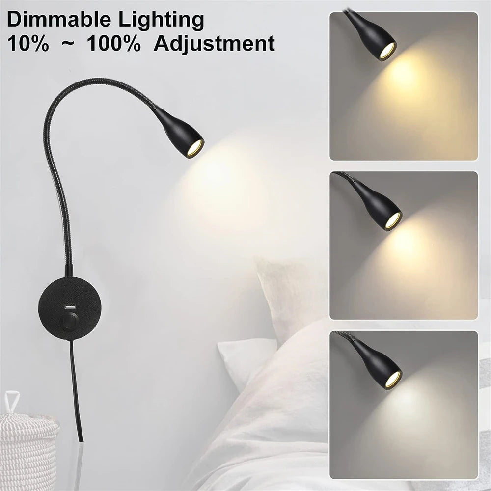 Tokili LED Golden Wall Lamp w/ USB Charger & Touch Dimmer - Bendable Gooseneck Bed Headboard Spotlight Sconce for Reading Lights