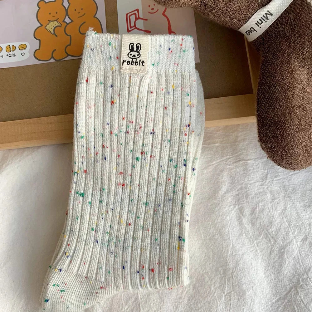 4 Pairs Women Cartoon Print Mid Tube Socks Fashionable Spring Summer Sweat Absorbing Breathable Soft Comfortable Casual Socks