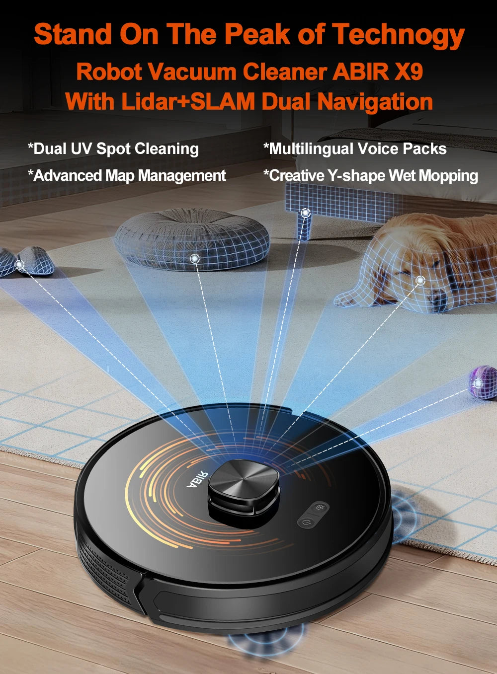Robot Vacuum Cleaner ABIR X9,Laser Lidar,6500pa Suction,UV Cleaning, Multi-Floor Map,APP Restricted Area,Smart Home Wet Dry Mop