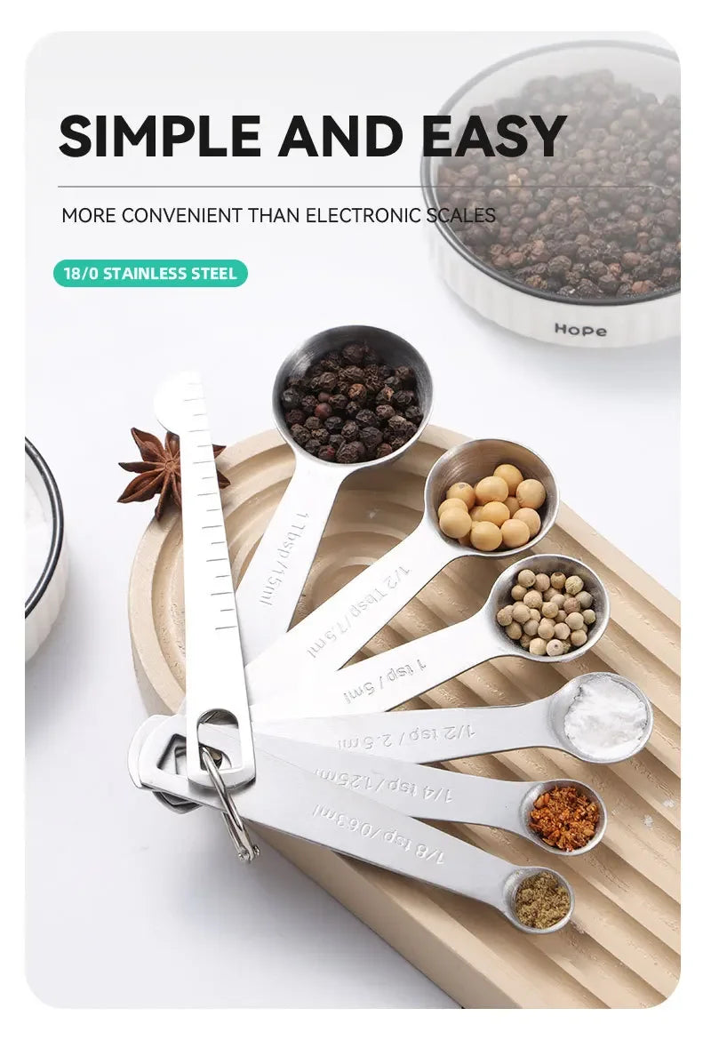 Stainless Steel Measuring Spoon 4/6/7/8 Pcs Set with Scale Measuring Ruler Spoons Coffee Baking Measuring Kitchen Tool Set