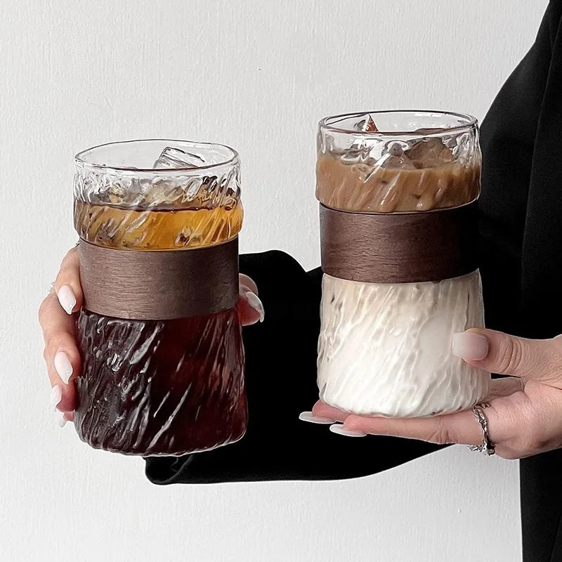 2Pcs heat-resistant glass hanging ear coffee cup transparent with cup cover ice American cup retro high value high borosilicate