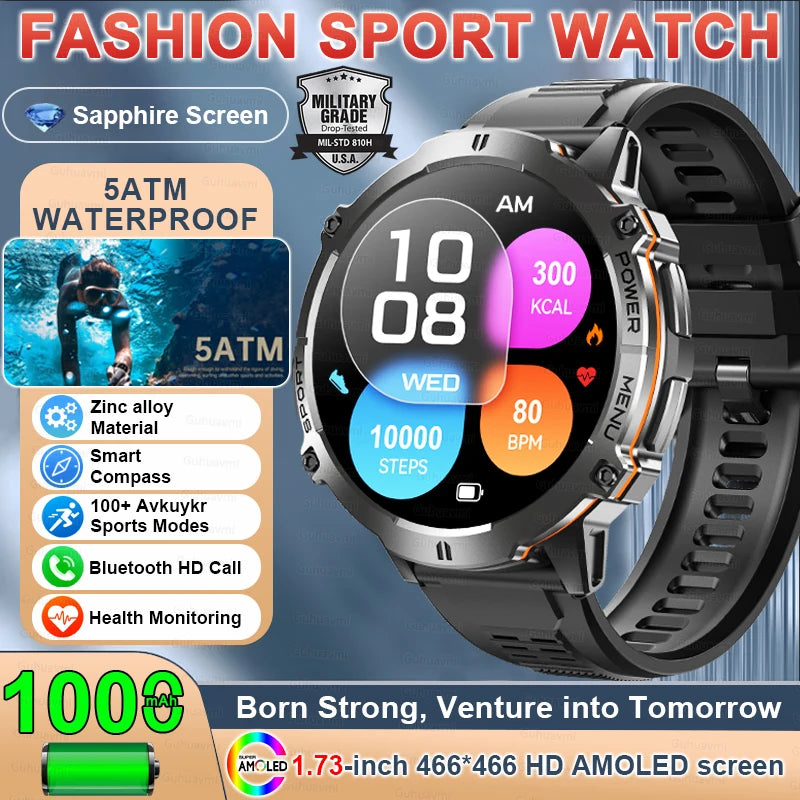 2025 New Military TREX3 1000mAh Battery Smart Watch 1.73-inch Screen 5ATM Waterproof GPS Altimeter Bluetooth Call Men Smartwatch