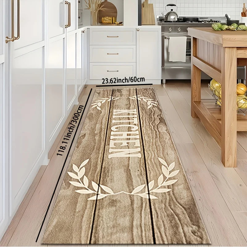 Rustic Wood Grain "KITCHEN" and Laurel Wreath Print Kitchen Mat, Non-Slip Washable Durable Runner Rug for Kitchen Decor