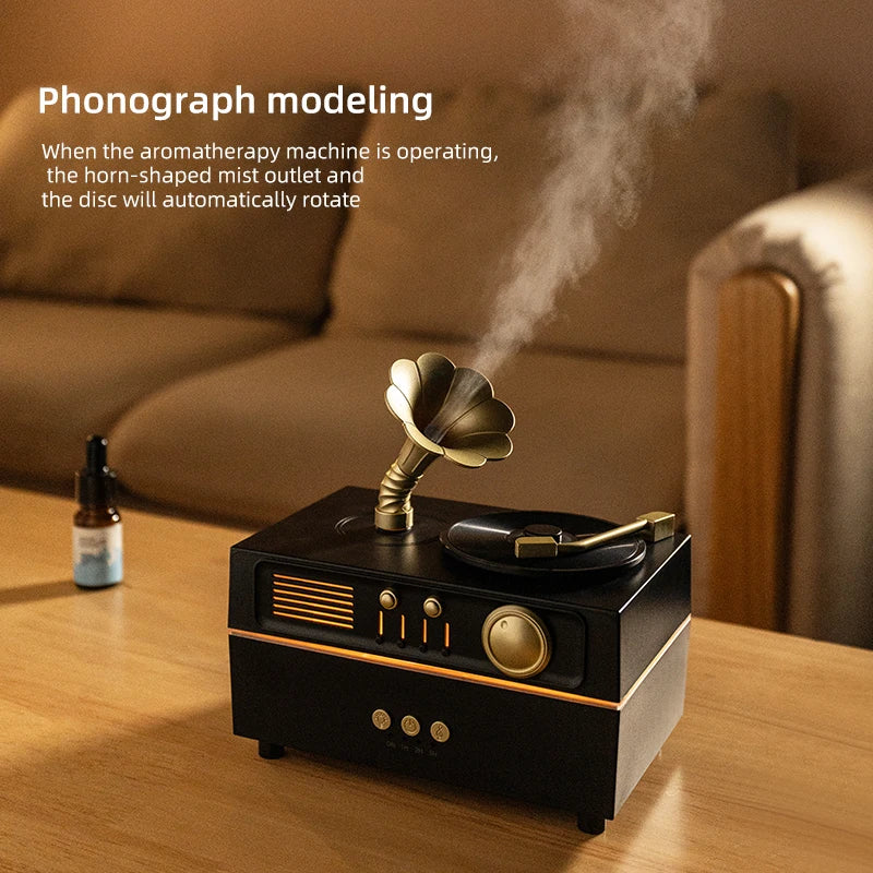 5V Retro Phonograph Bluetooth Speaker Humidifier Ultrasonic Aroma Diffuser Rotating Colorful Light Remote Essential Oil Atomizer