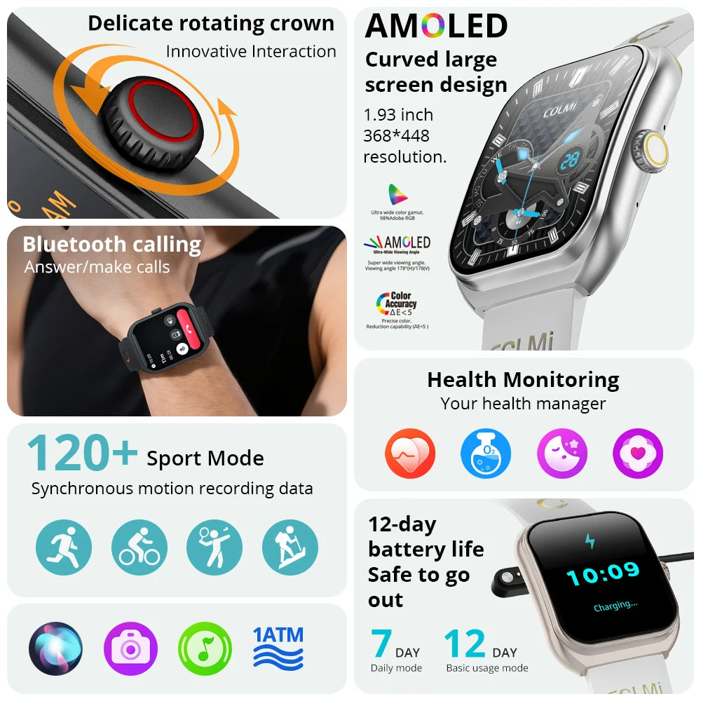 New COLMI P86 1.93" AMOLED Smartwatch Men Health Manager Bluetooth Call IP68 Waterproof Smart Watch Women For Xiaomi iOS Phone