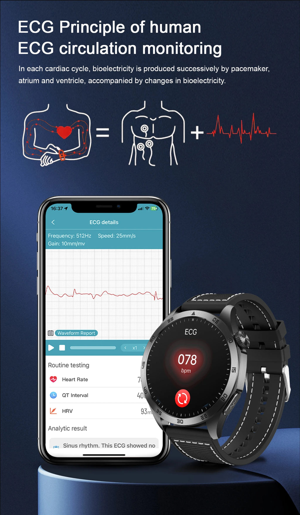 For iOS Android New Health Measurement SmartWatch Men Blood Oxygen Uric Acid ECG+PPG Body Blood Pressure HD Bluetooth Call Watch