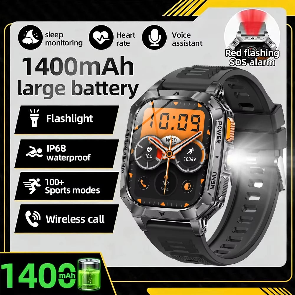 Upgrade 1400 mAh Battery Military Grade Smart Watch Men IP68 Waterproof 100+ Sports Modes Bluetooth Call AMOLED HD Smartwatches