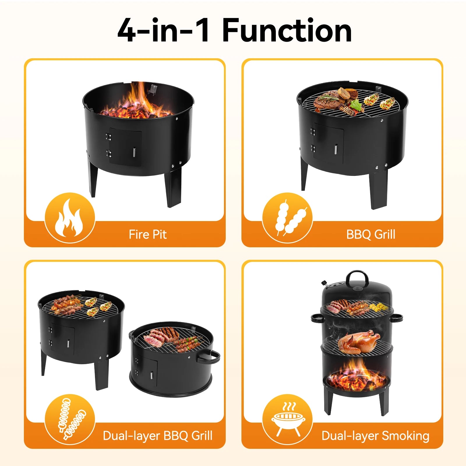 84cm Barrel Style Charcoal BBQ Smoker Grill, Built-in Thermometer Outdoor Smoking Oven, Ideal for Grilling Meat,Chicken Wings