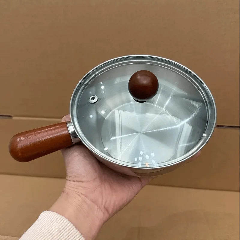 1pc Stainless Steel Pot with Heat-Resistant Wooden Handle - Induction Compatible, Non-Slip Base, Even Heat Distribution Milk Pot