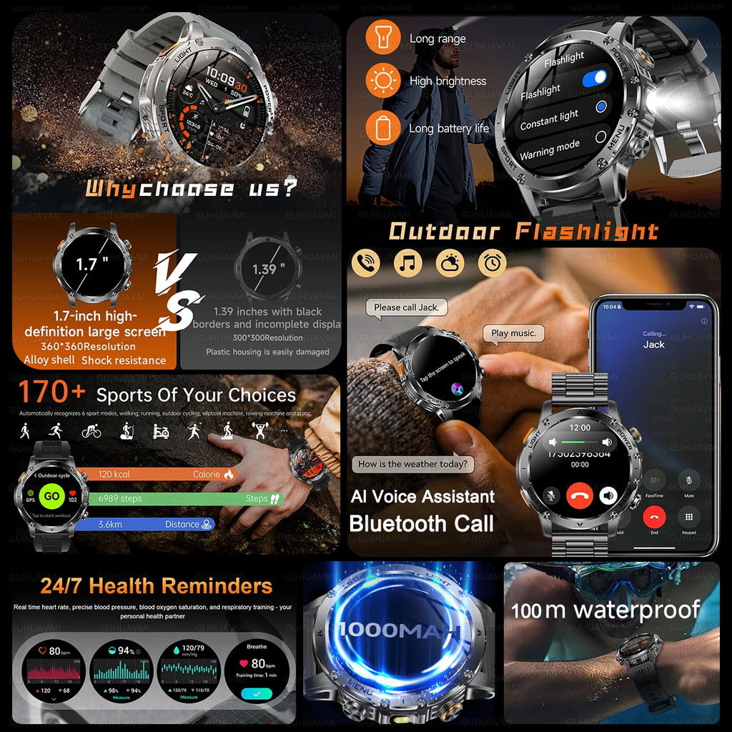2026 New Military Smart Watch 1000Mah Battery Fitness Tracking 10ATM Waterproof Tactics Sport Flashlight call Bracelet For Men